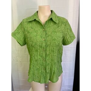 Vintage Allison Daley Petite Lime Green Crinkle Floral Embroidered Shirt